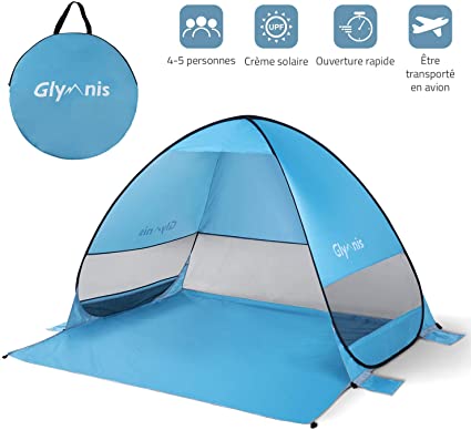 Glymnis Tente De Plage Automatique Quick-Up 215x170x115 Cm - Pop-up Anti-UV 50+ Avec Porte Et Fenêtres Mesh - Idéale Famille